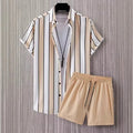 Simple And Stylish Striped Lapel Short-sleeve Shirt And Shorts Two-piece Set