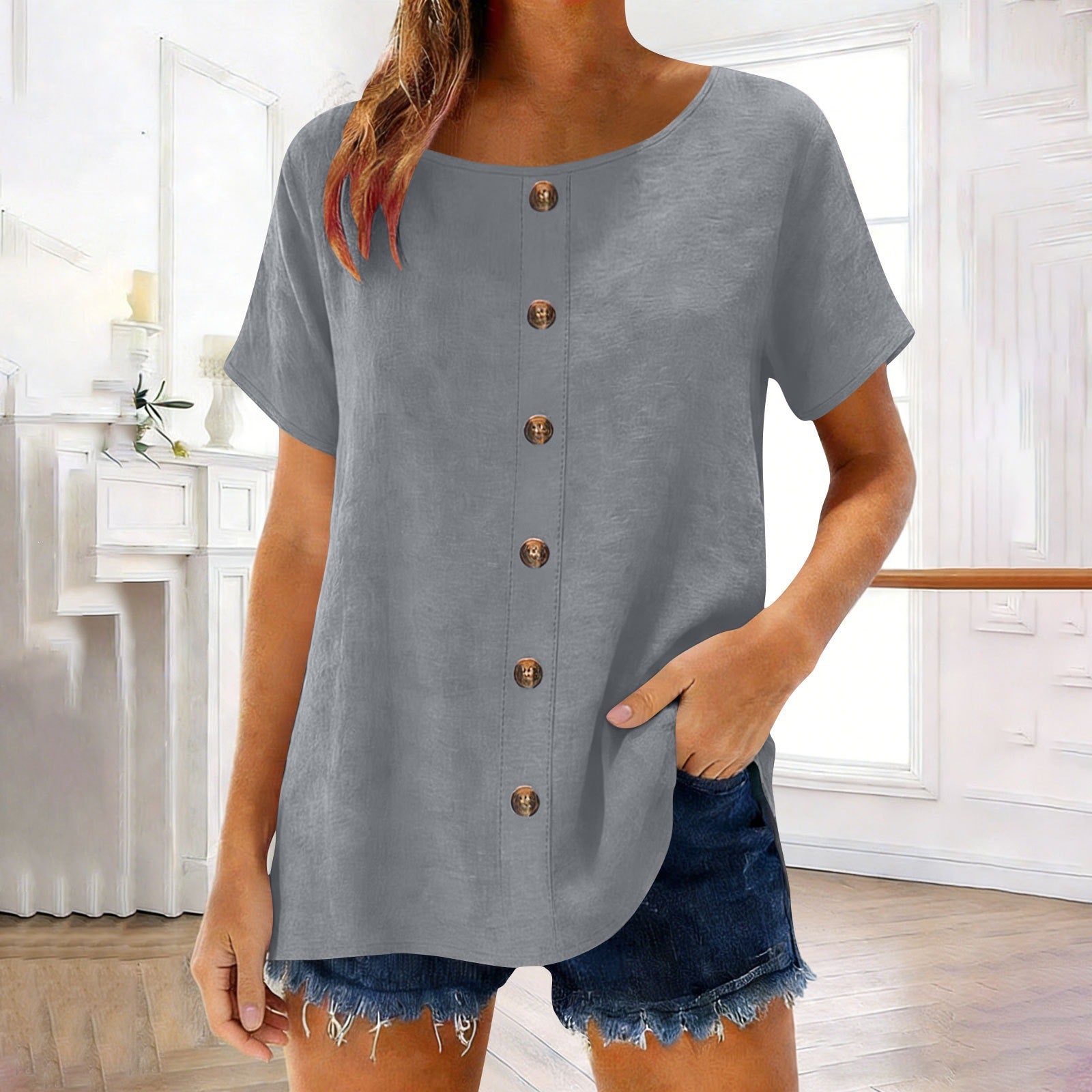 Womens Elegant And Fashionable Solid-color Round-neck Short-sleeve Top