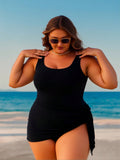 2026 New Luxury Plus Size Swimdress, Sleeveless Square Neck & Side Tie, Modest Tummy Control Vacation Swimwear