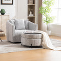 39 W Oversized 360 Swivel Accent Barrel Chair And Half Sofa With Round Ottoman, Chenille Channel Tufted Pumpkin Club Armchair Pillows With Storage Stool For Living Room, Bedroom, Lounge, White-Black