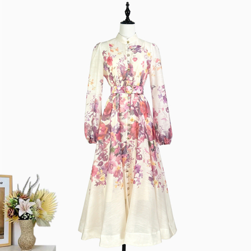 Stand-collar Single-breasted Dress With Puff Sleeves A Fitted Waist