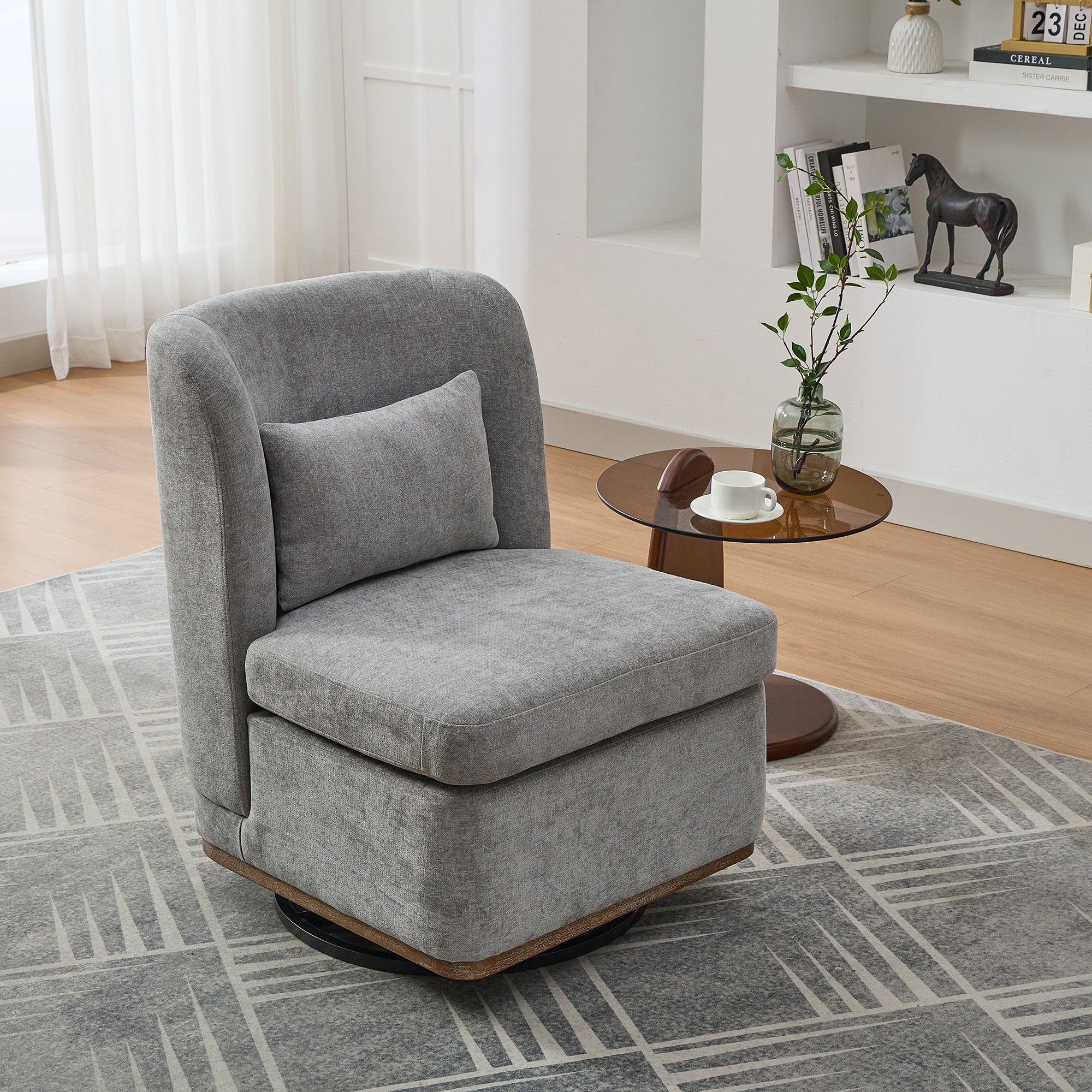 25.2  Wide Modern Chenille Cushioned Armless Metal Base 360 Swivel Chair With Pillow, Suitable For Living Room, Family Room, Bedroom, Lounge Area, Office.  Grey