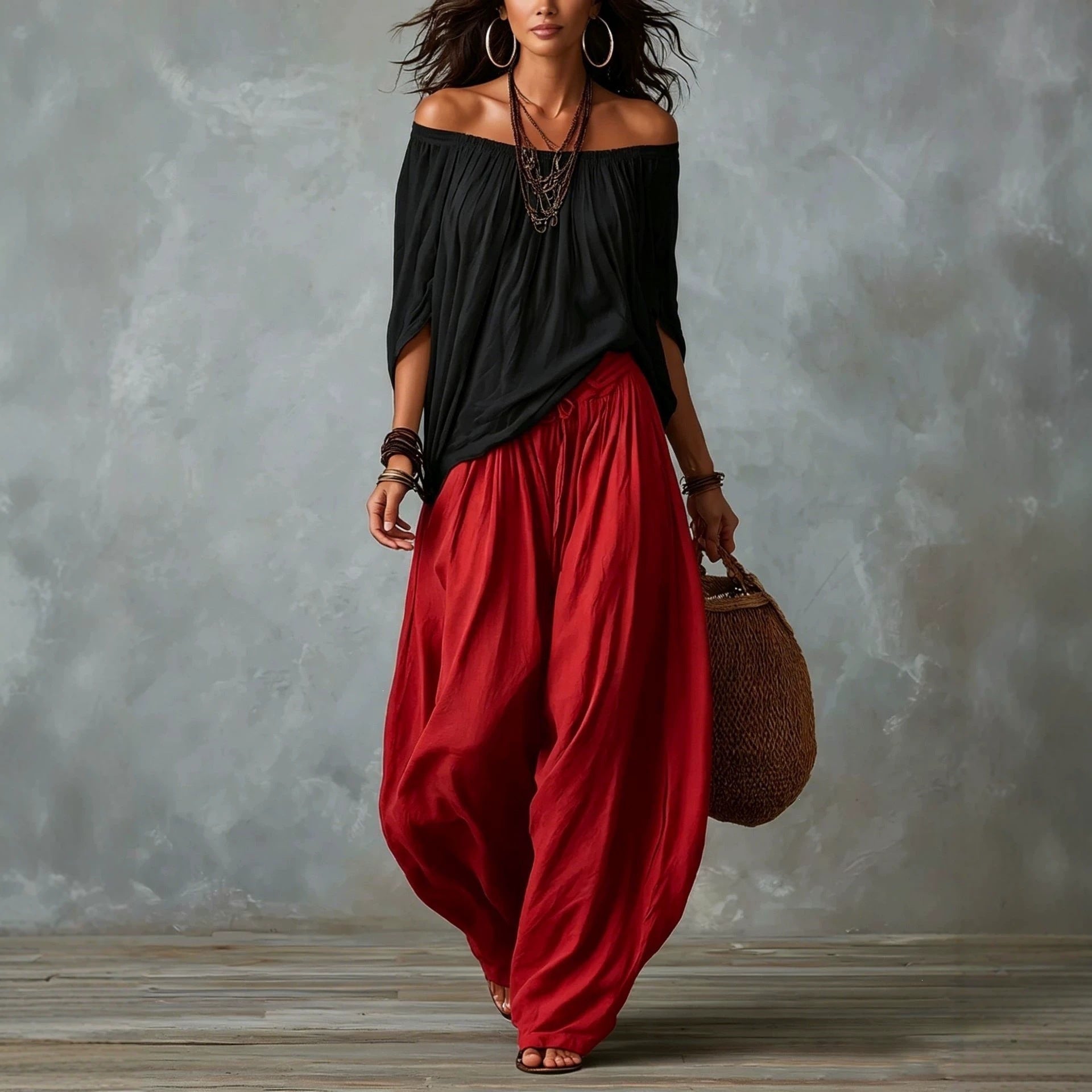 Long Loose-fitting Off-shoulder Top And Flare-leg Pants Womens Set