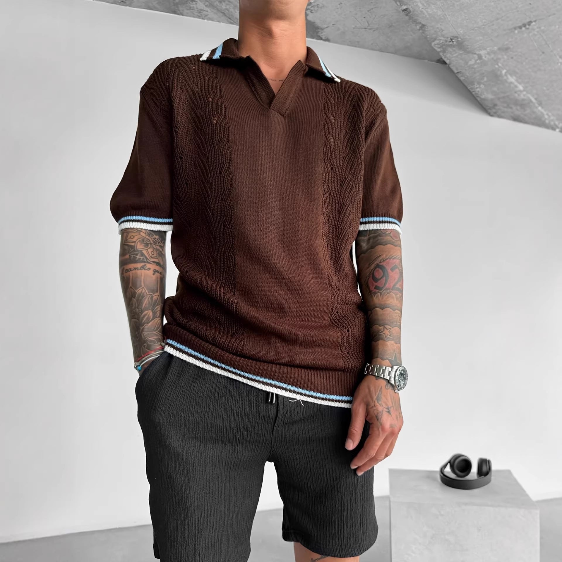 Mens Crew-neck Knitted Short-sleeve T-shirt Sweater