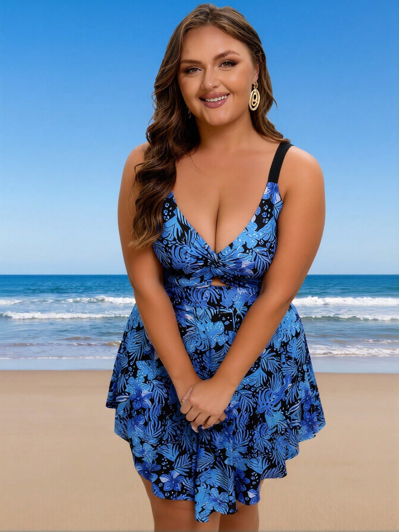 2026 New Plus Size Women's Sexy Fashion Blue-Black Botanical Print Twist One-Piece Swimdress For Vacation & Leisure