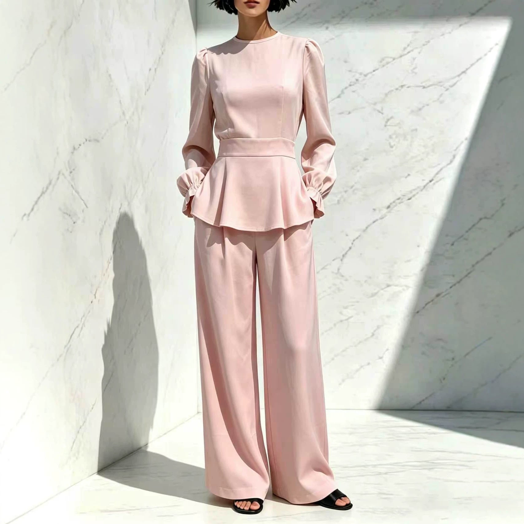 Fitted Waist Long-sleeve Pants Set