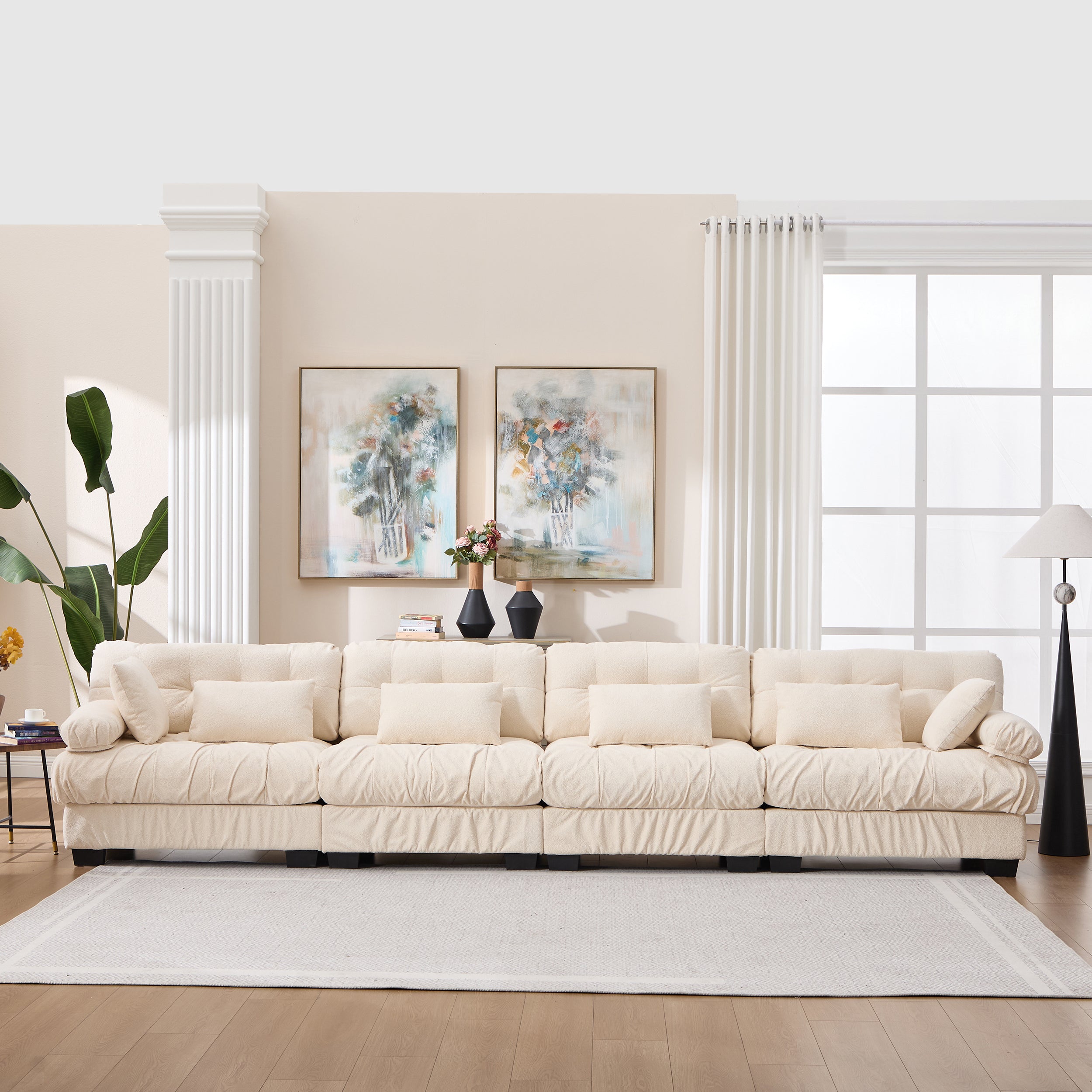 Modular Sectional Sofa Cloud Couch, Modern Sectional Couches For Living Room, Deep Seat Modular Couch With Round Armrests 6 Pillows, 4-Seat Comfy Advanced Flannelette Sofa For Bedroom