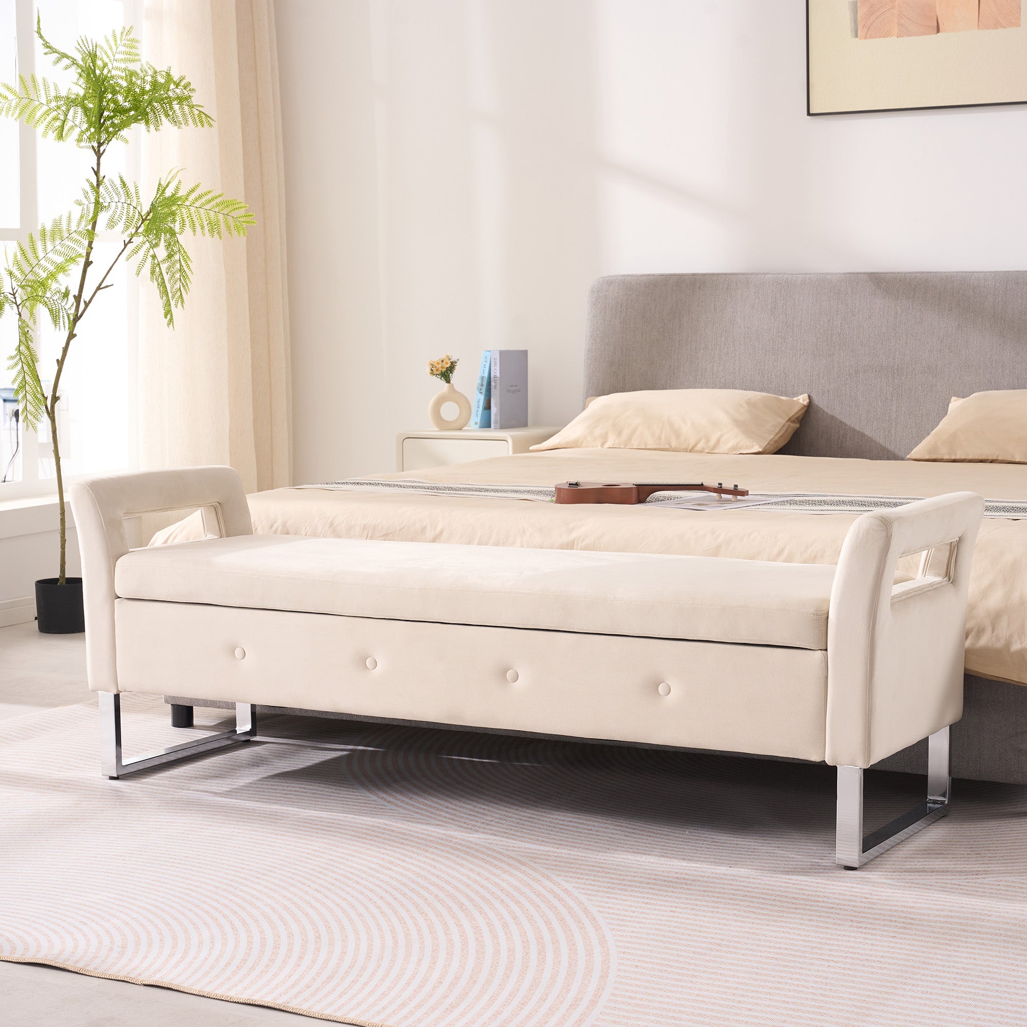 67.91 Wide Velvet Storage Soft Bench With Armrests  For Living Room, Entryway And Bedroom.  Beige