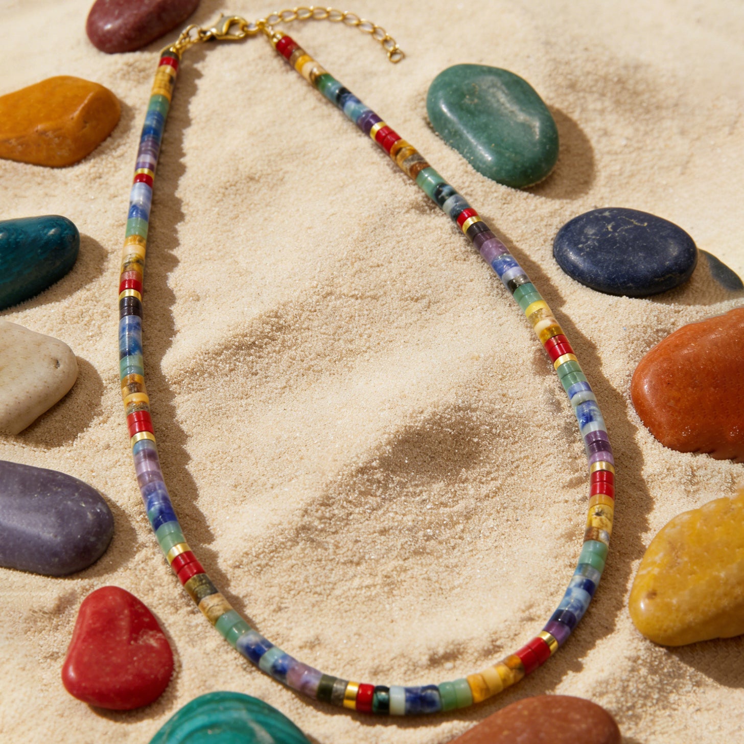 7 Chakra Heishi Bead Choker Necklace For Women, Colorful Natural Stone Tube Beads, Gold Extension Chain, Boho Jewelry Gift Daily Wear