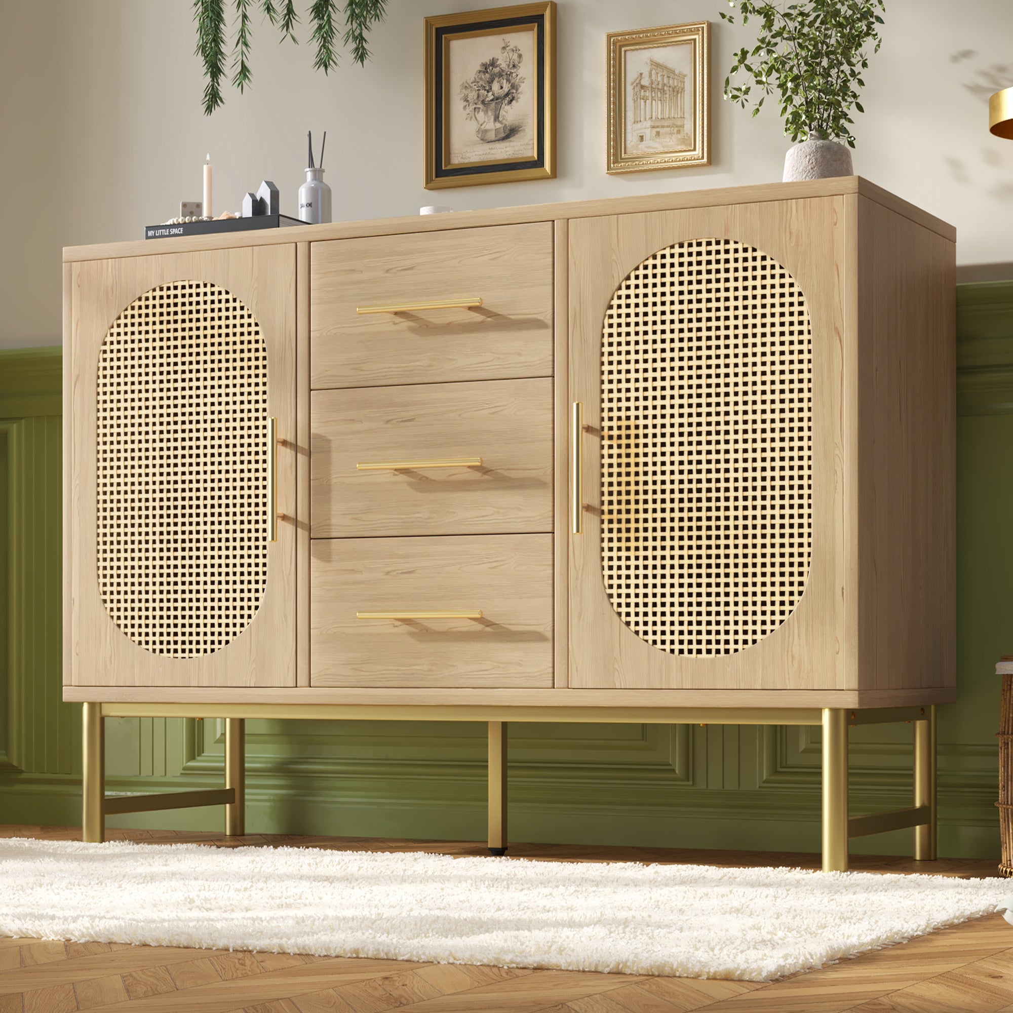 Rattan Sideboard Storage Cabinet  With 2 Doors 3 Drawers, Storage Cabinet For Living Room, Bedroom, And Hallway, Metal Handles, Adjustable Shelves, Anti-Tip, 120 X 40 X 74 Cm, Oak