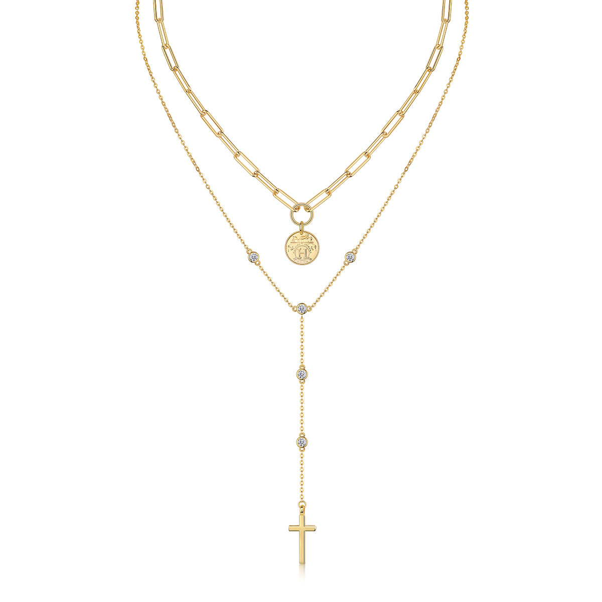 S925 Sterling Silver 0.1ct Moissanite Layered Necklace 14.4g Cross Coin Pendant Y-Necklace 40cm Gold Plated GRA Certified Gift Box