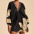Womens Short Printed Long-Sleeve V-Neck Dress