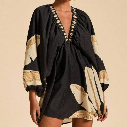Womens Short Printed Long-Sleeve V-Neck Dress