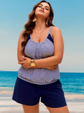 2026 New Summer Nautical Tankini Set - Ladies Double Stripe Shoulder Ruched Flowy Top & Shorts