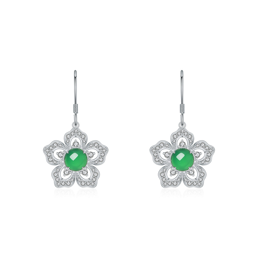 S925 Sterling Silver Flower Dangle Earrings, 6mm Round Green Chrysoprase, Platinum Plated Elegant Women's Jewelry With Gift Box