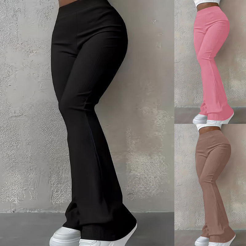 Womens Casual Simple Stylish Slim-Fit Ribbed Solid-Color High-Waisted Trousers