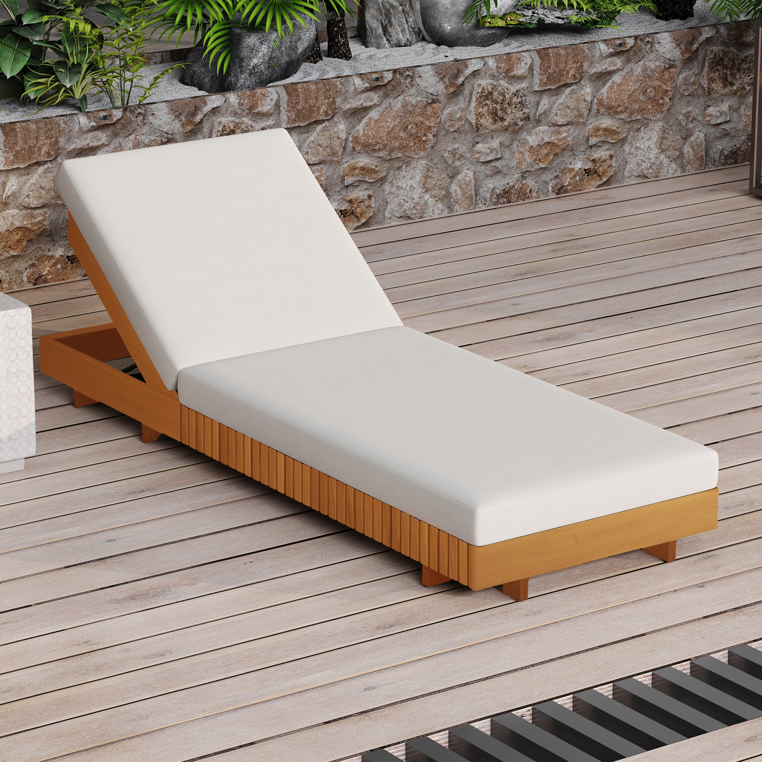 LOUNGE CHAISE SET, ACACIA SOLID WOOD WITH LOUNGE CUSHION  Cream  - Matching Dark Grey Version Available