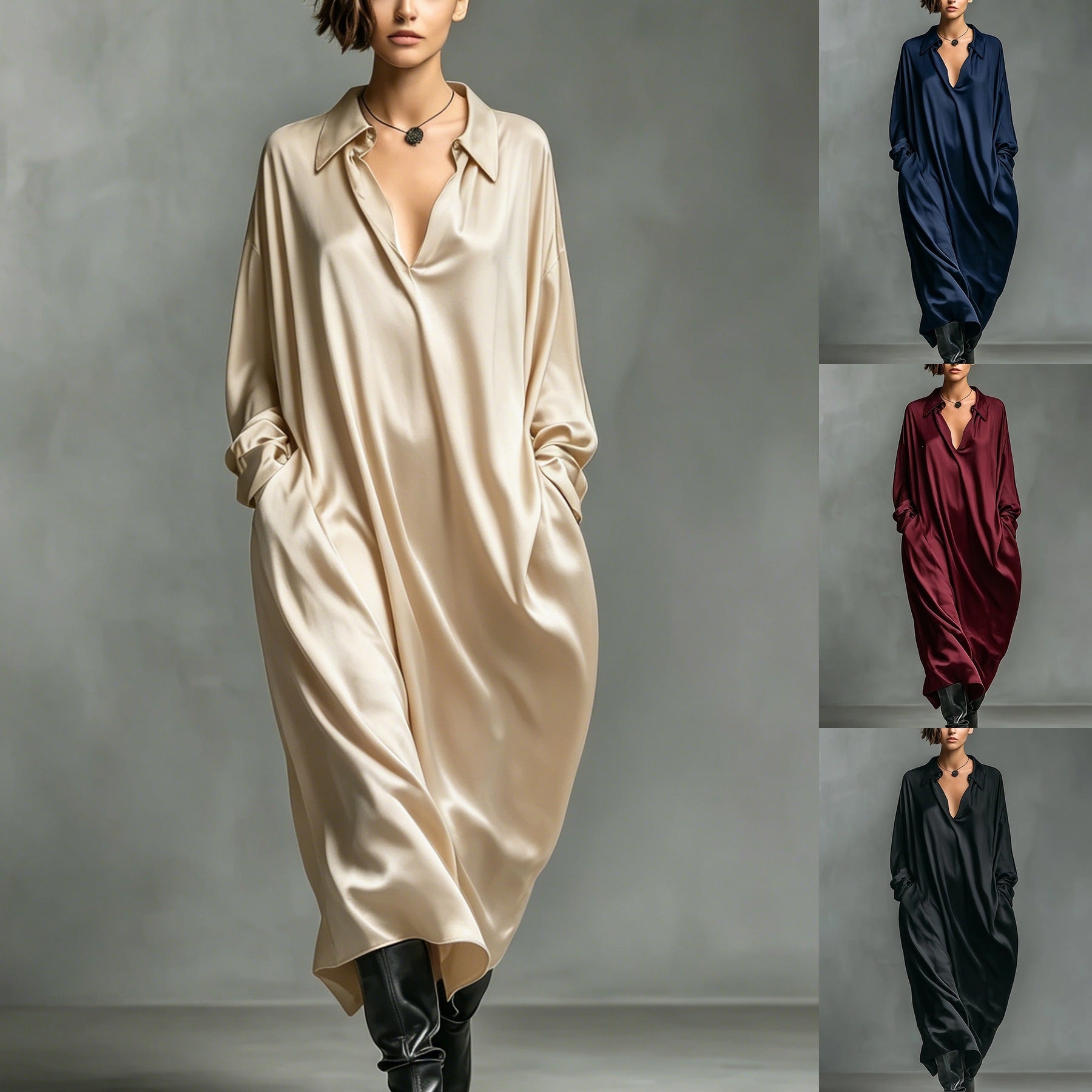 Solid-color Satin Long-sleeve Shirt Dress
