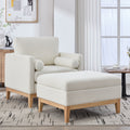 35.4  Wide Farmhouse Performance Upholstered Wood Base Square Accent Arm Chair With Ottoman Natural Wood Legs With Reversible Lid Coffee Table For Living Room Office And Lounge, Ivory Boucle.