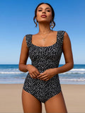 2026 New Women's One-Piece Swimsuit: Black & White Dalmatian Print, Square Neck, Ruched Tummy Control, Retro Beach Style