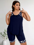 2026 New Plus Size Swimsuit Women's Navy Blue Starfish Print Loose Tankini + Capri Set For Beach Vacation, Comfort & Modest Fit