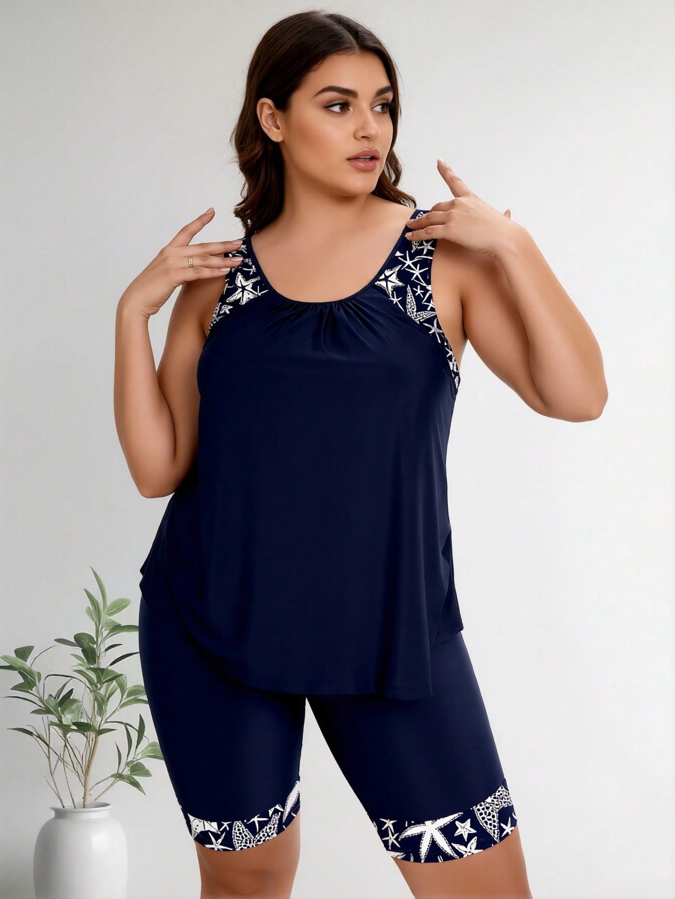 2026 New Plus Size Swimsuit Women's Navy Blue Starfish Print Loose Tankini + Capri Set For Beach Vacation, Comfort & Modest Fit