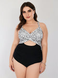 2026 New Women's Plus Size One-Piece Swimsuit: Black & White Dalmatian Print Twist Front With Cutout