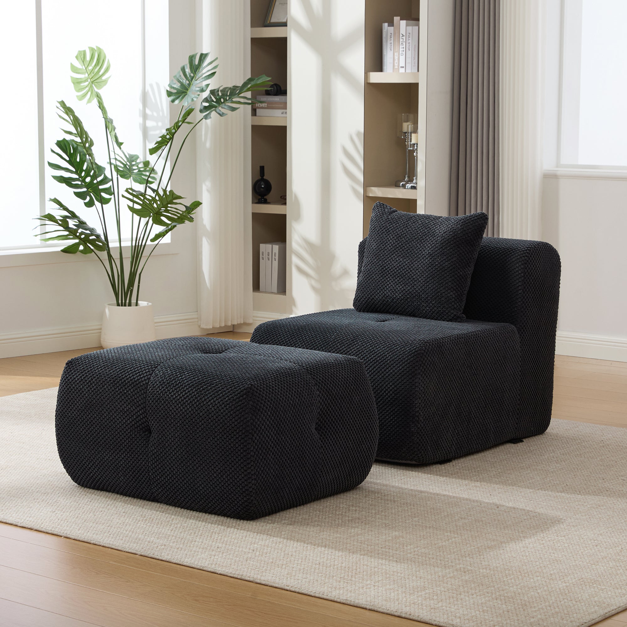 31  Modular Cloud Armless Accent Chair With Ottoman Set, Modern Boneless Deep Seat Single Sofa Soft Lounger With Footstool Throw Pillow For Living Room, Bedroom, Dorms, No Assembly Required, Charcoal
