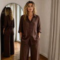 New Casual Solid-Color Trousers Summer Loose Single-Breasted Crepe Shirt Set