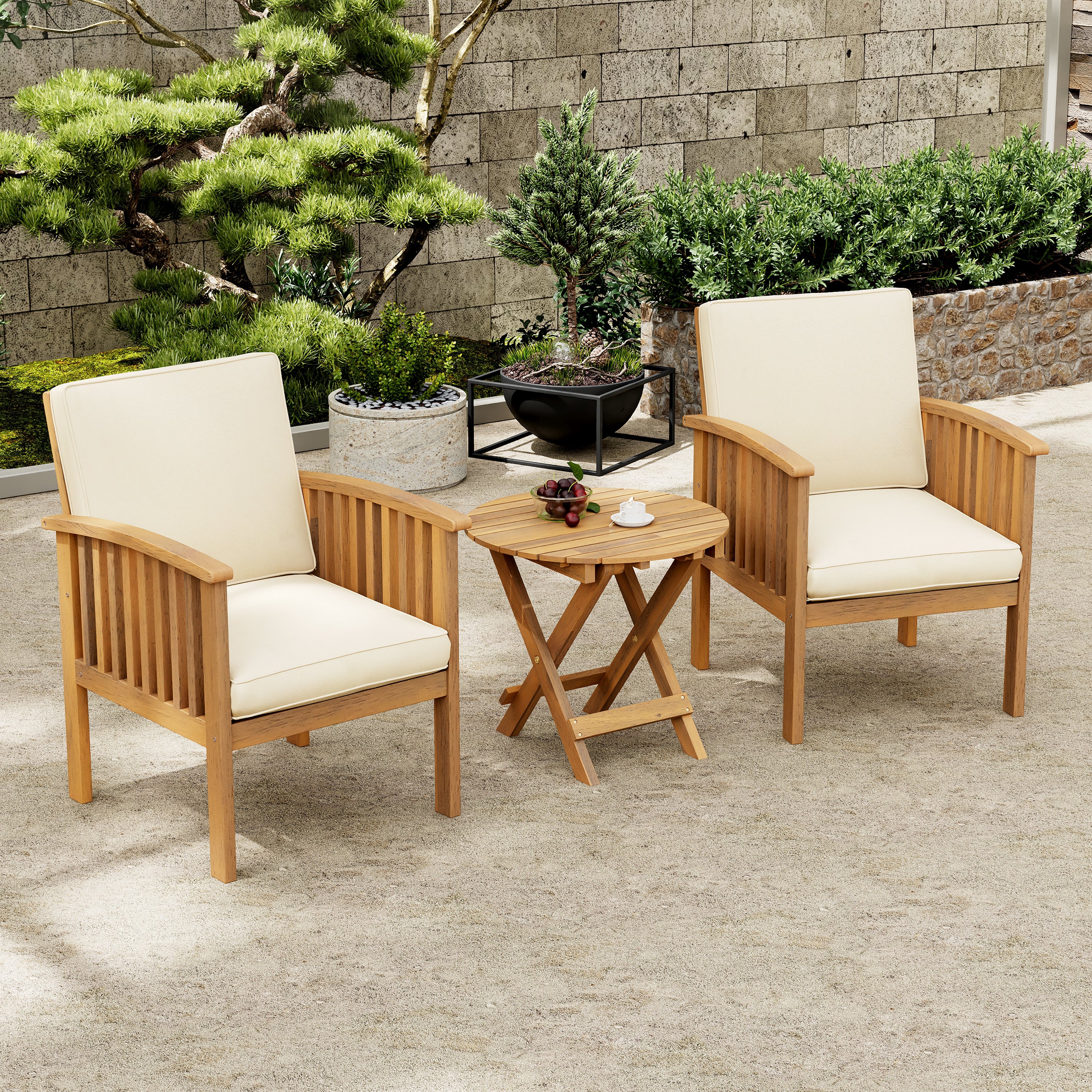 Patio Set Outdoor Acacia Wood Furniture Sets-Modern Club Chair Conversation Sets With Foldable End Table For Garden, Patio & Deck  Brown Patina Cream Cushion