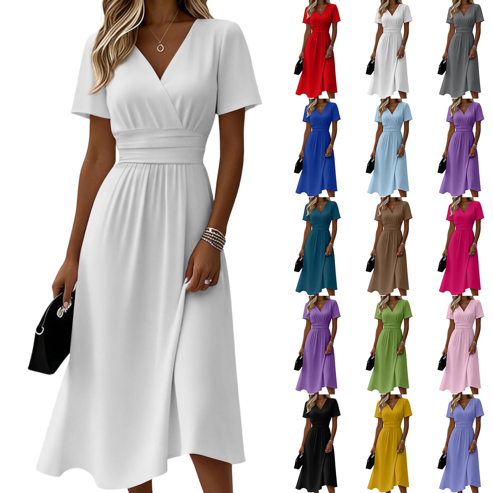 Womens Solid-Color Casual Short-Sleeve V-Neck Dress