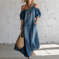 Loose-fit Chic Off-shoulder Slit Denim Maxi Dress