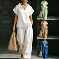 Womens Casual V-Neck Pullover Short-Sleeve Pants Set