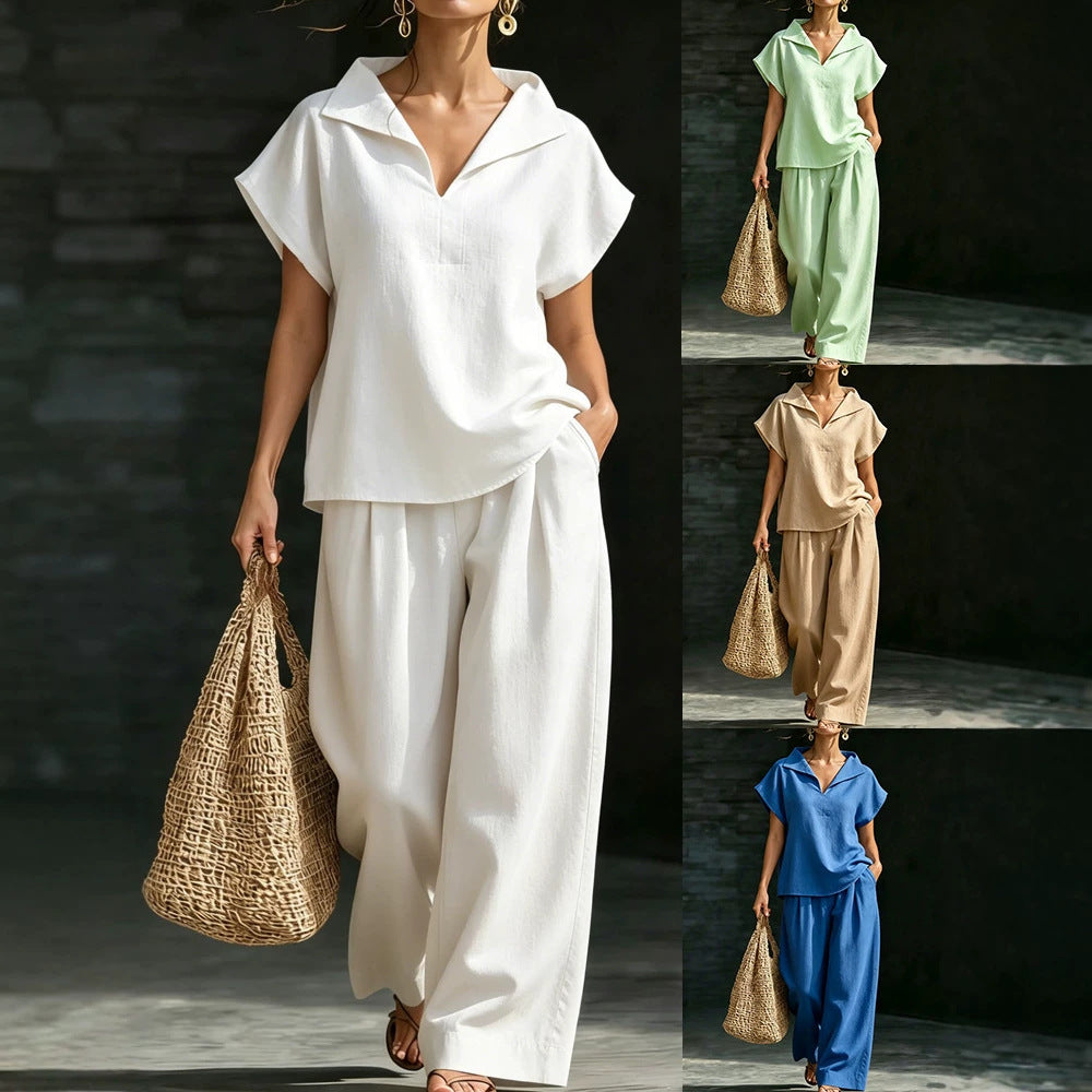 Womens Casual V-Neck Pullover Short-Sleeve Pants Set