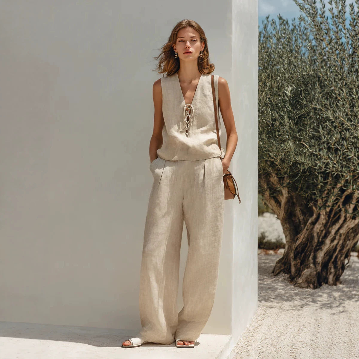 Womens Linen Lace-Up Sleeveless Top And Wide-Leg Pants Set