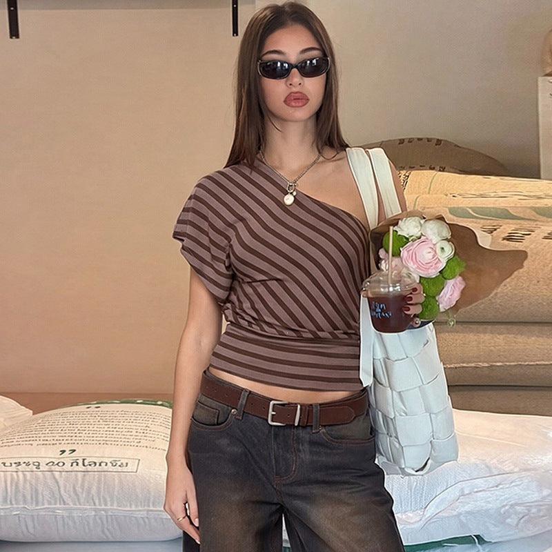 Womens Color-block Striped Off-shoulderone-shoulder T-shirt