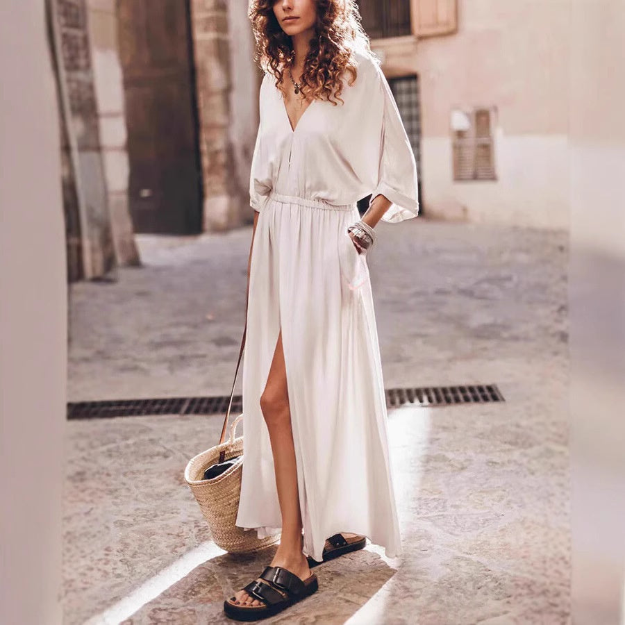 Solid-color Mid-length Wrap Dress With A High Slit And A Defined Waist