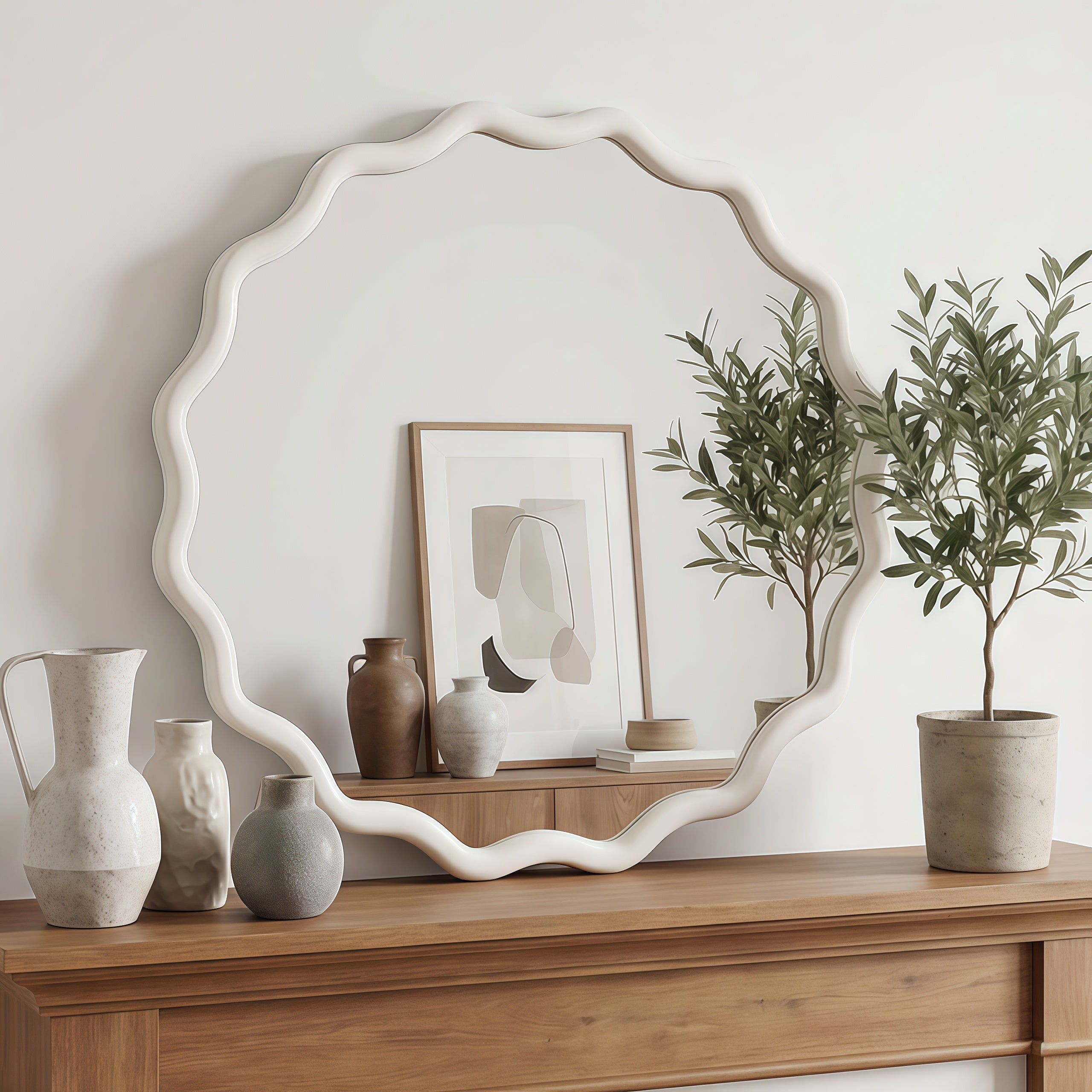 White 24 Inch Wavy Round Solid Wood Frame Decorative Mirror,For Bedroom, Bathroom, Living Room, Entryway