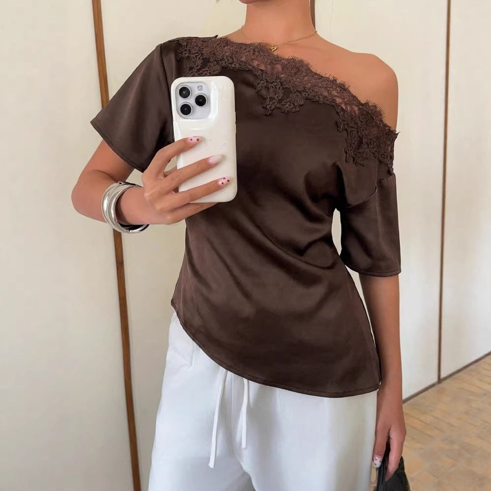 Womens New Solid-color Lace-trimmed Top