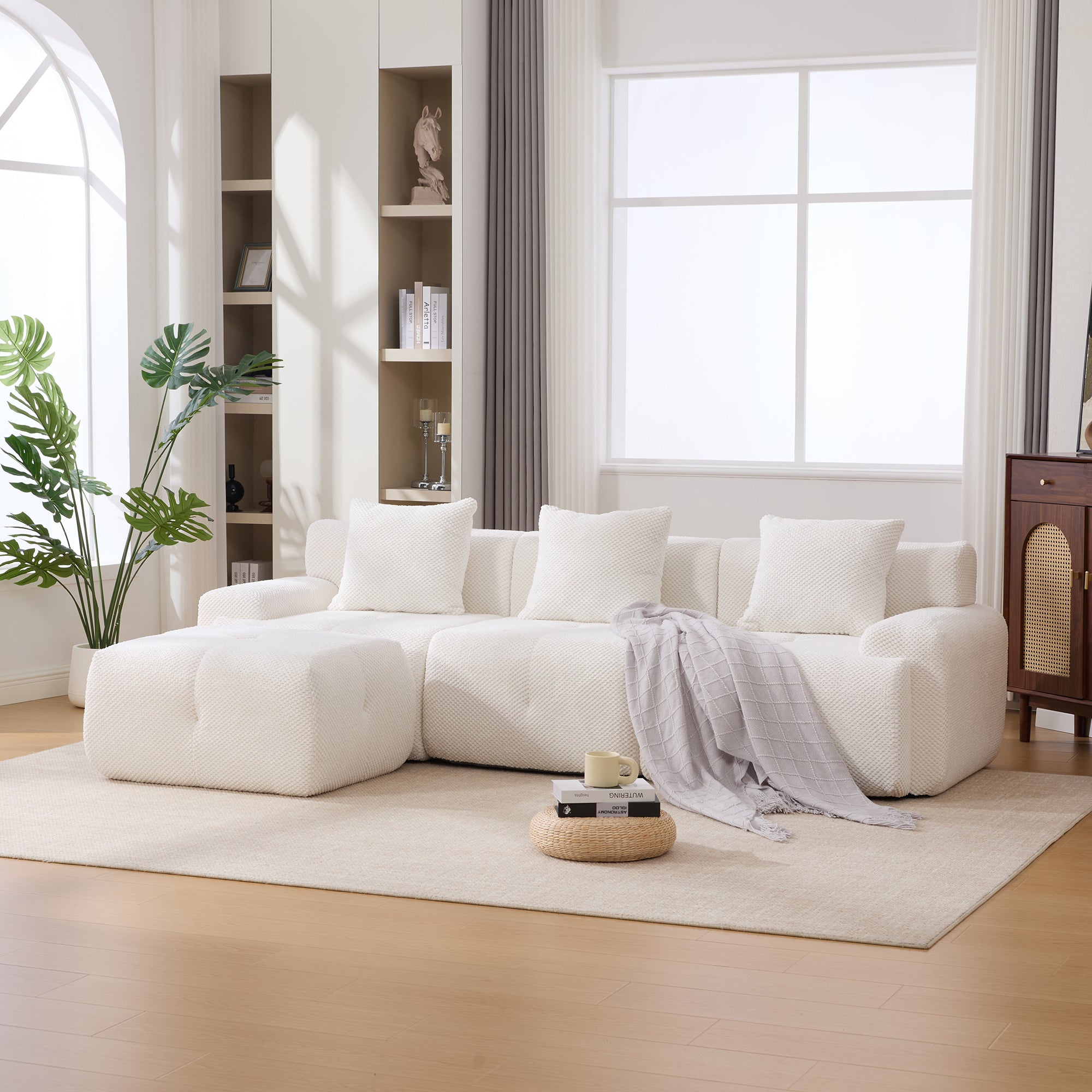 104.3  4-Piece L Shaped Upholstered Modular Sectional Sofa, Oversized 3-Seater Boneless Convertible Cloud Tufted Couch Set With Deep Seat & Movable Ottoman 3 Pillows For Living Room,No Assembly, Ivory