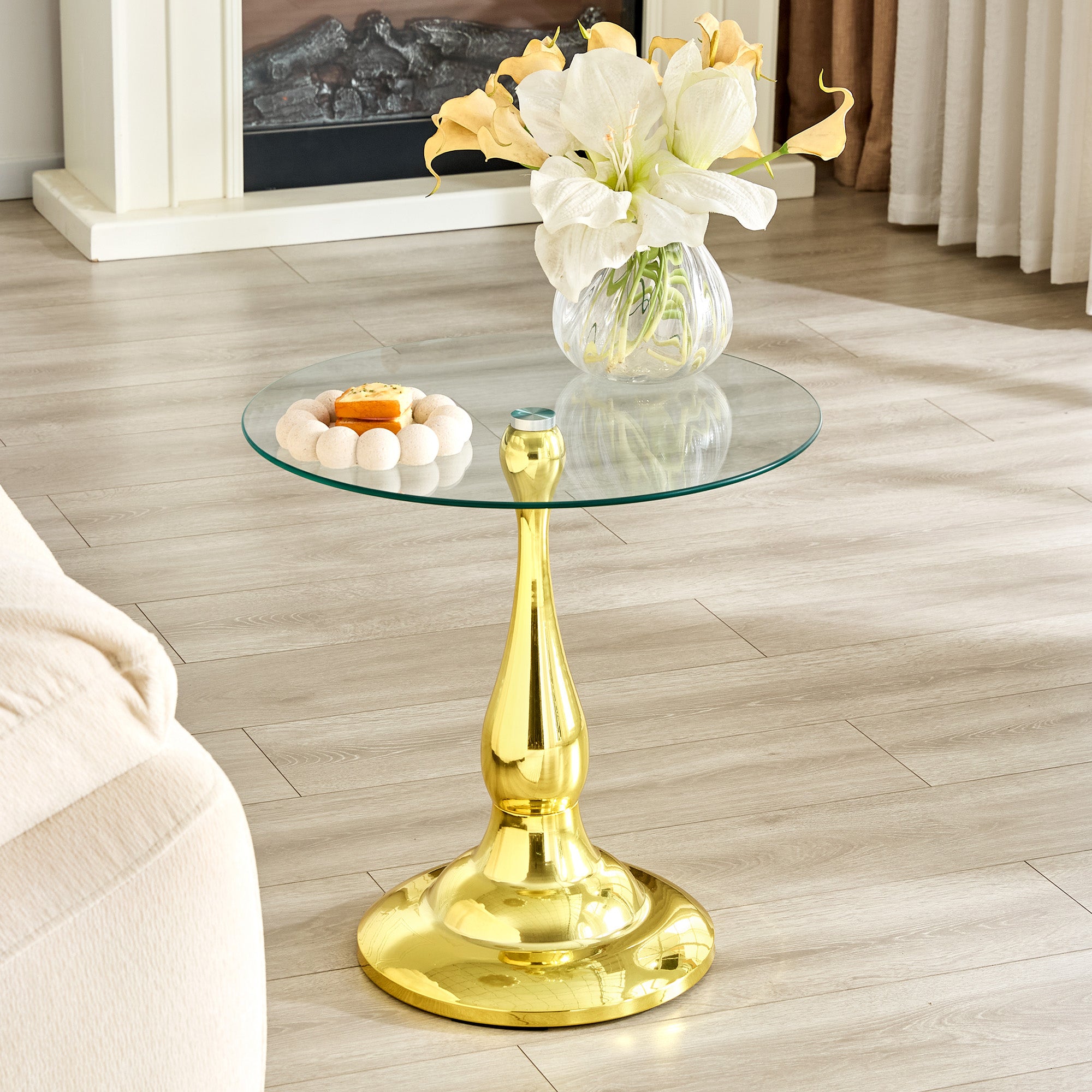Small Metal Side Table, Modern Round Metal Side Table With A Glass Top Measuring Approximately 19.6 Inches In Diameter. Ideal For Use Next To A Bed Or Sofa, In Living Rooms, Bedrooms, Patios, Etc.