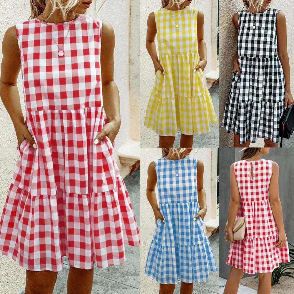 Women Vintage Summer Round Neck Sleeveless Plaid Knee Length A Line Dress
