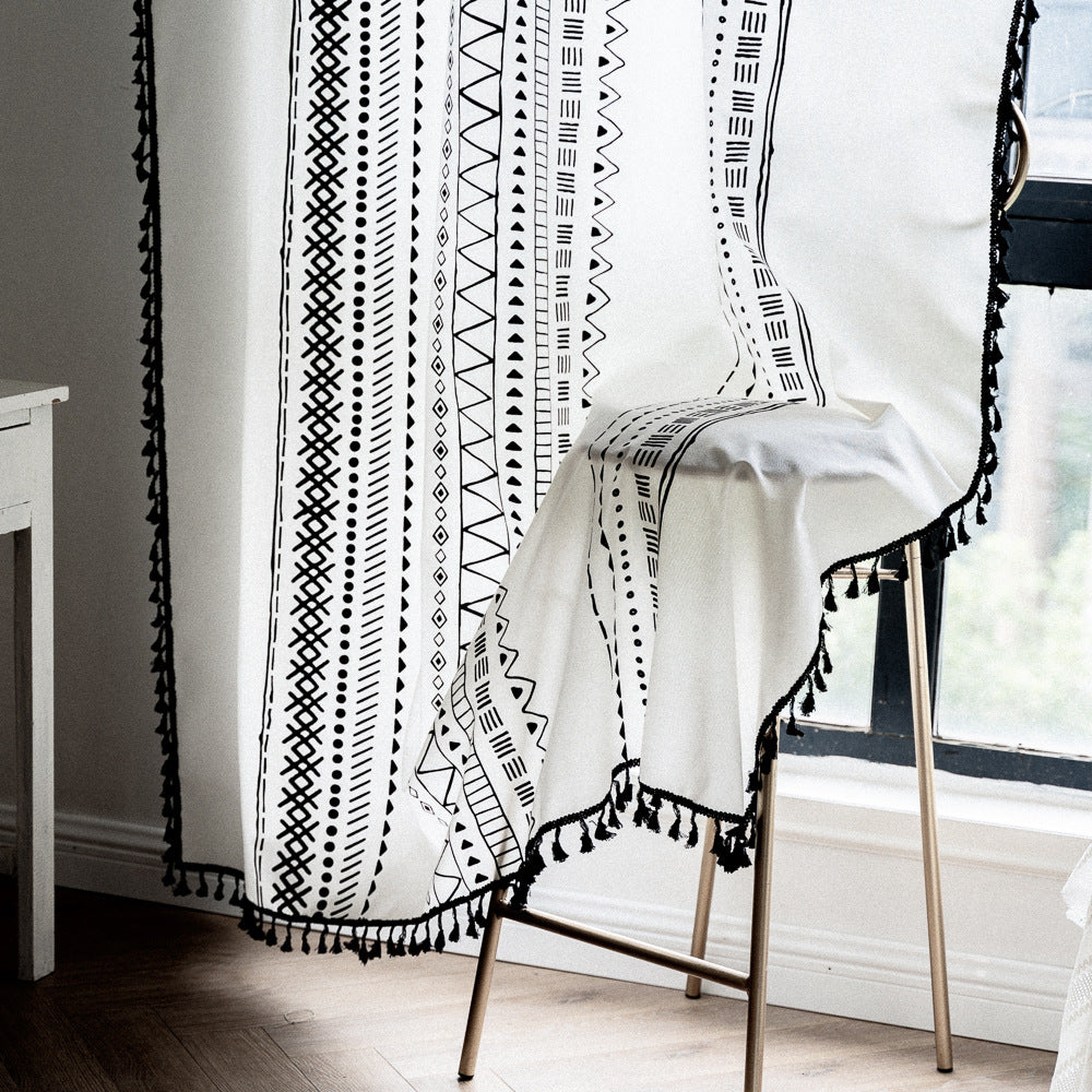 Black White Printed Tassel Window Curtain Home Decor