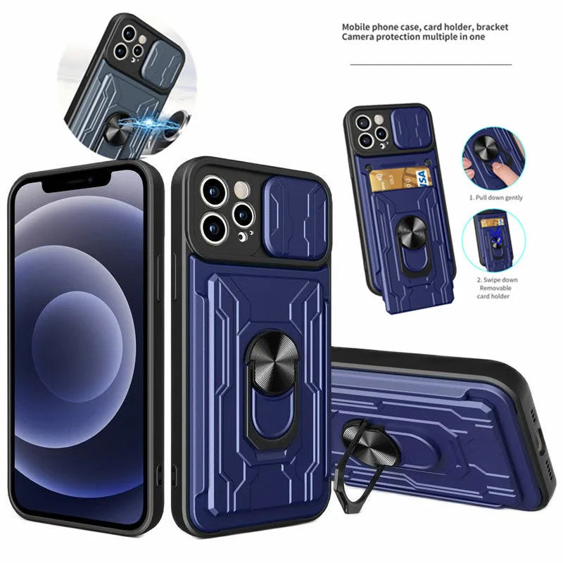 Phone Case Slide Window Lens Protection Card Slot Ring Stand Back Cover