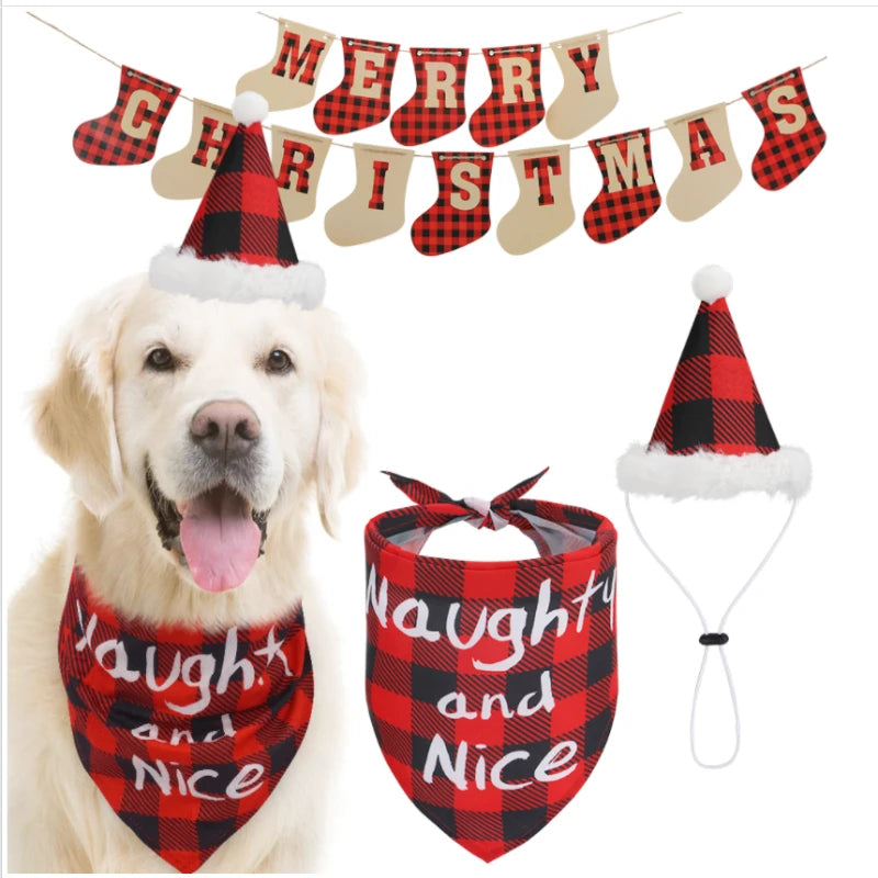 Christmas Pet Dog Red Plaid Bandana Hat Set