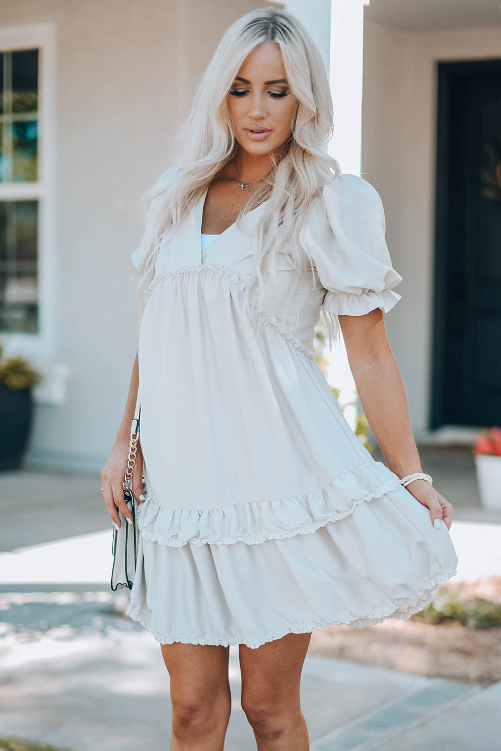 Apricot Tiered Ruffled Puff Sleeve V Neck Babydoll Dress