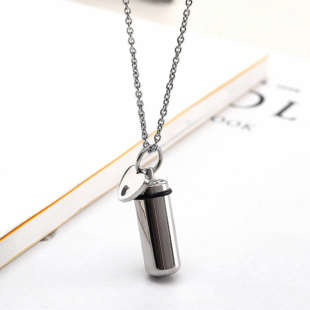 Heart Shape Charm with Little Tube Stainless Steel Ashes Urn Necklace