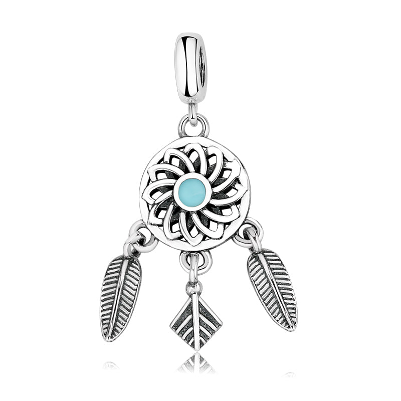S925 Sterling Silver Dreamcatcher Dangle Charm Hollow Flower Feather Tassel Pendant Bead For DIY Charm Bracelet Necklace Jewelry Making Gift