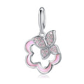 S925 Sterling Silver Sakura Flower Dangle Charm Pink Enamel Butterfly Pendant Bead For DIY Charm Bracelet Necklace Jewelry Making Gift