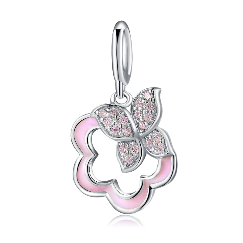 S925 Sterling Silver Sakura Flower Dangle Charm Pink Enamel Butterfly Pendant Bead For DIY Charm Bracelet Necklace Jewelry Making Gift